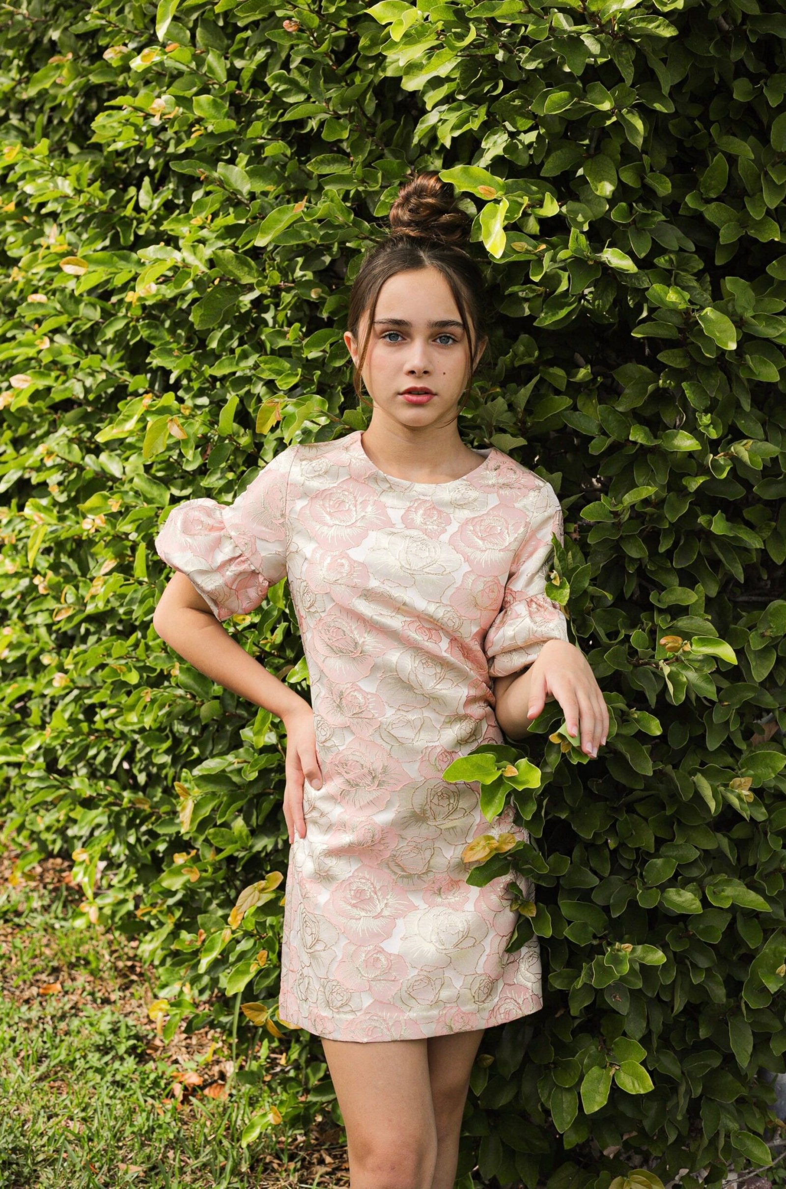 PINK FLORAL BROCADE DRESS