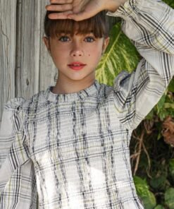 GREY CHECK PRINT HONEYCOMB BLOUSE